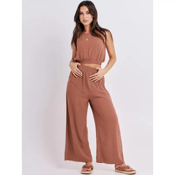 imageANRABESS Womens Summer 2 Piece Outfits Sleeveless Round Neck Crop Top Tank and High Waisted Pants Jumpsuit Lounge SetRust