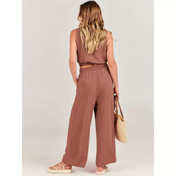 imageANRABESS Womens Summer 2 Piece Outfits Sleeveless Round Neck Crop Top Tank and High Waisted Pants Jumpsuit Lounge SetRust