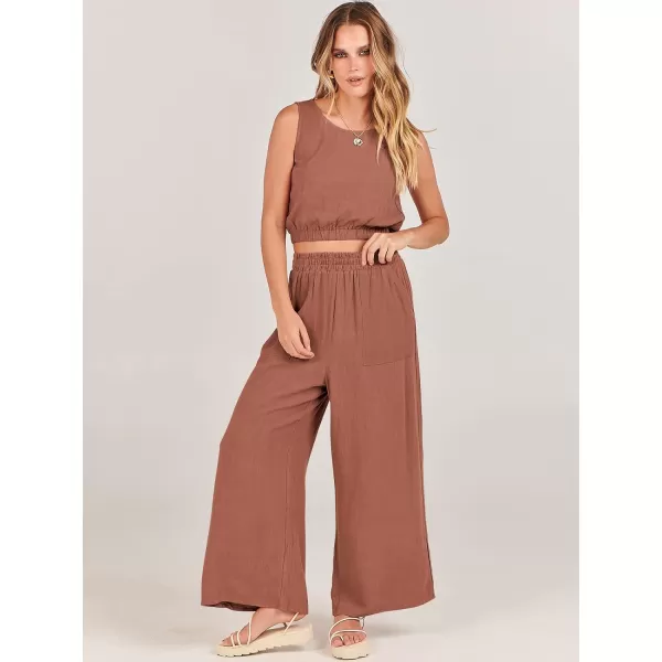 imageANRABESS Womens Summer 2 Piece Outfits Sleeveless Round Neck Crop Top Tank and High Waisted Pants Jumpsuit Lounge SetRust