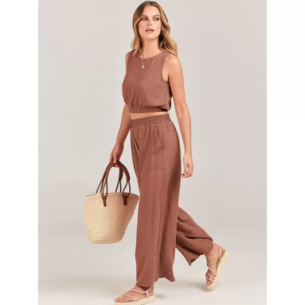imageANRABESS Womens Summer 2 Piece Outfits Sleeveless Round Neck Crop Top Tank and High Waisted Pants Jumpsuit Lounge SetRust