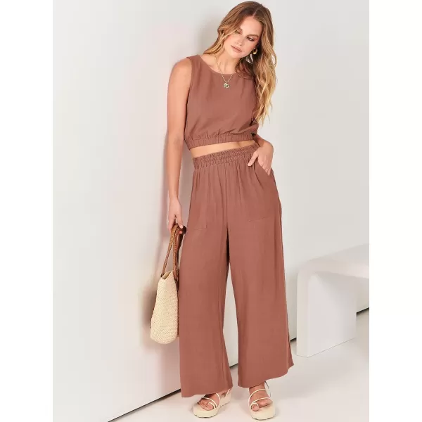 imageANRABESS Womens Summer 2 Piece Outfits Sleeveless Round Neck Crop Top Tank and High Waisted Pants Jumpsuit Lounge SetRust