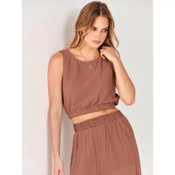 imageANRABESS Womens Summer 2 Piece Outfits Sleeveless Round Neck Crop Top Tank and High Waisted Pants Jumpsuit Lounge SetRust