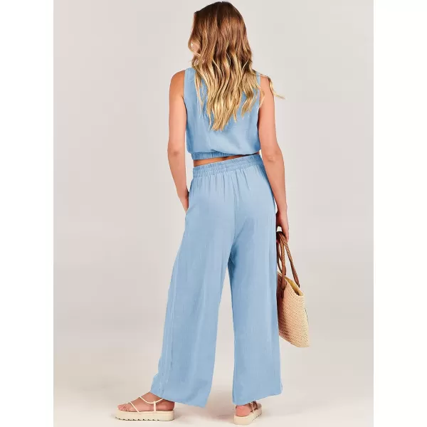 imageANRABESS Womens Summer 2 Piece Outfits Sleeveless Round Neck Crop Top Tank and High Waisted Pants Jumpsuit Lounge SetSky