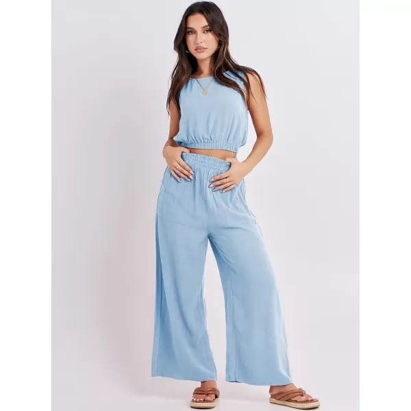 imageANRABESS Womens Summer 2 Piece Outfits Sleeveless Round Neck Crop Top Tank and High Waisted Pants Jumpsuit Lounge SetSky