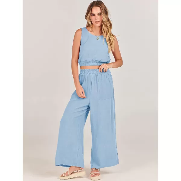 imageANRABESS Womens Summer 2 Piece Outfits Sleeveless Round Neck Crop Top Tank and High Waisted Pants Jumpsuit Lounge SetSky