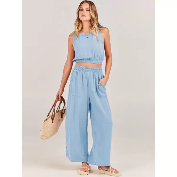imageANRABESS Womens Summer 2 Piece Outfits Sleeveless Round Neck Crop Top Tank and High Waisted Pants Jumpsuit Lounge SetSky