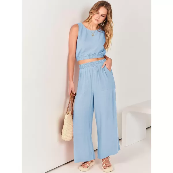 imageANRABESS Womens Summer 2 Piece Outfits Sleeveless Round Neck Crop Top Tank and High Waisted Pants Jumpsuit Lounge SetSky