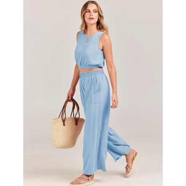 imageANRABESS Womens Summer 2 Piece Outfits Sleeveless Round Neck Crop Top Tank and High Waisted Pants Jumpsuit Lounge SetSky