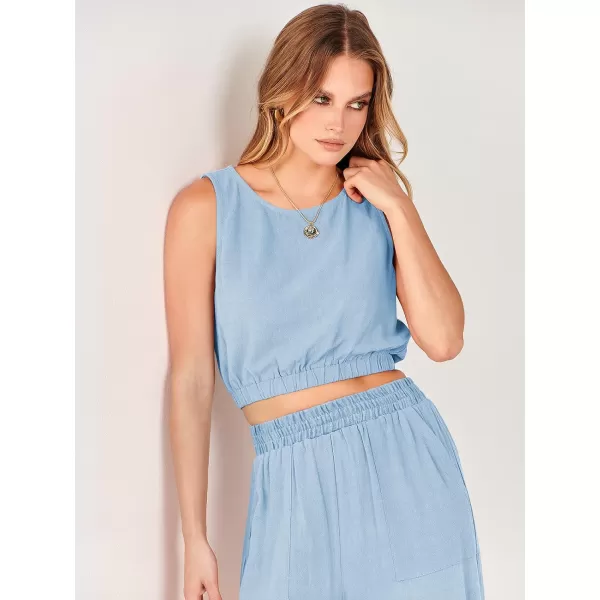 imageANRABESS Womens Summer 2 Piece Outfits Sleeveless Round Neck Crop Top Tank and High Waisted Pants Jumpsuit Lounge SetSky