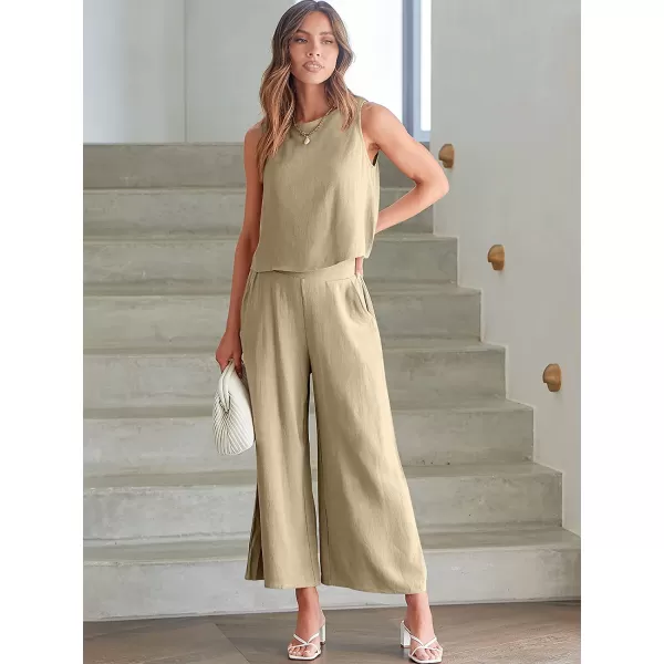 imageANRABESS Womens Summer 2 Piece Outfits Sleeveless Tank Crop Button Back Top Cropped Wide Leg Pants Set PocketsApricot