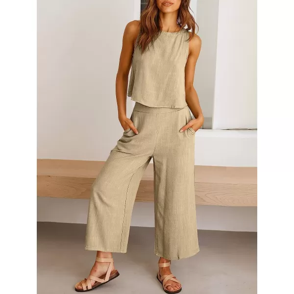 imageANRABESS Womens Summer 2 Piece Outfits Sleeveless Tank Crop Button Back Top Cropped Wide Leg Pants Set PocketsApricot