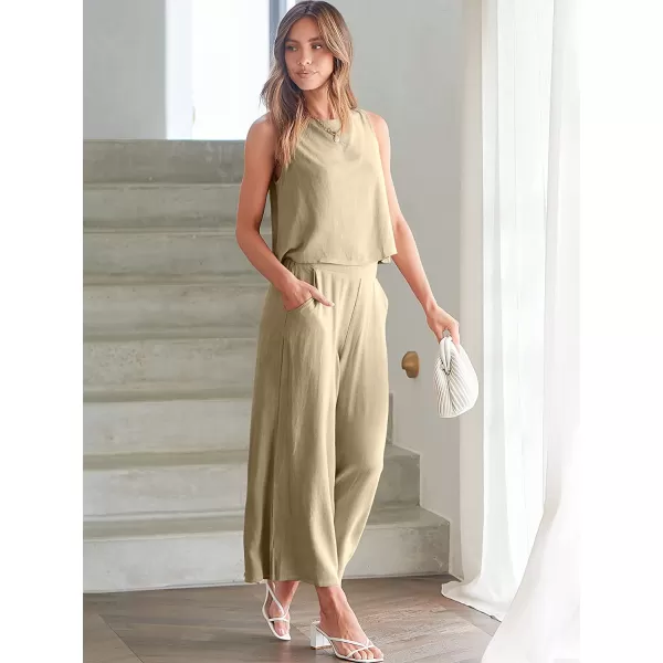 imageANRABESS Womens Summer 2 Piece Outfits Sleeveless Tank Crop Button Back Top Cropped Wide Leg Pants Set PocketsApricot