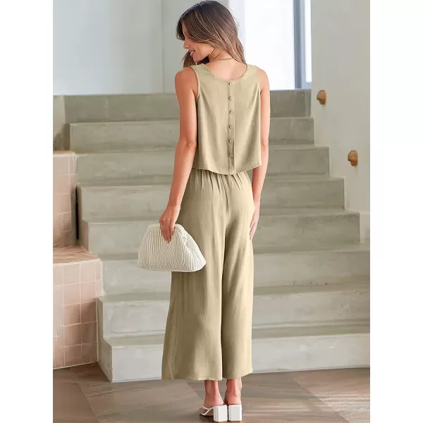 imageANRABESS Womens Summer 2 Piece Outfits Sleeveless Tank Crop Button Back Top Cropped Wide Leg Pants Set PocketsApricot