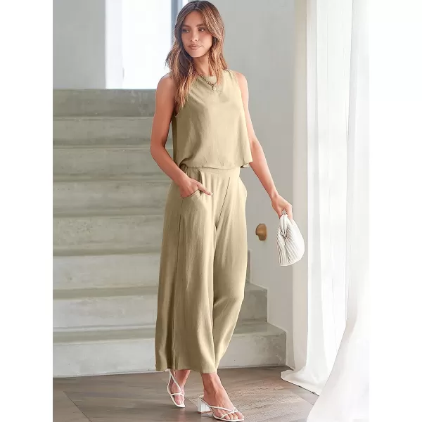 imageANRABESS Womens Summer 2 Piece Outfits Sleeveless Tank Crop Button Back Top Cropped Wide Leg Pants Set PocketsApricot
