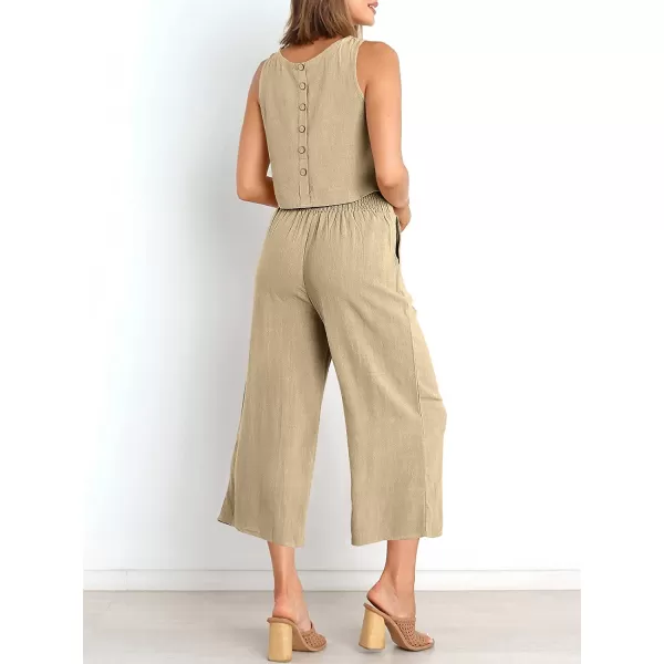 imageANRABESS Womens Summer 2 Piece Outfits Sleeveless Tank Crop Button Back Top Cropped Wide Leg Pants Set PocketsApricot
