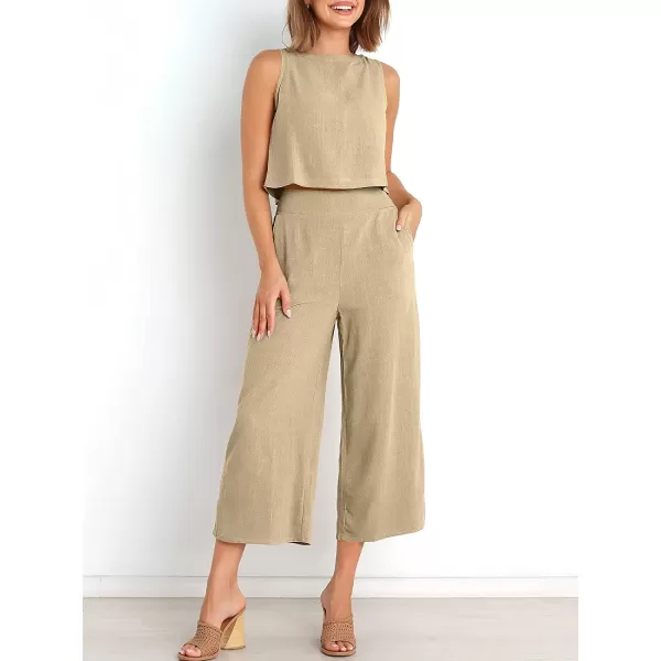 imageANRABESS Womens Summer 2 Piece Outfits Sleeveless Tank Crop Button Back Top Cropped Wide Leg Pants Set PocketsApricot