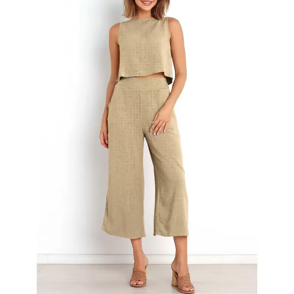 imageANRABESS Womens Summer 2 Piece Outfits Sleeveless Tank Crop Button Back Top Cropped Wide Leg Pants Set PocketsApricot