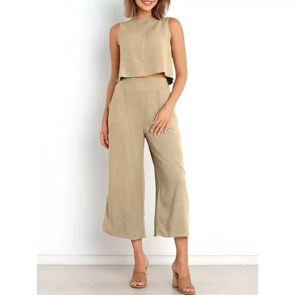 imageANRABESS Womens Summer 2 Piece Outfits Sleeveless Tank Crop Button Back Top Cropped Wide Leg Pants Set PocketsApricot