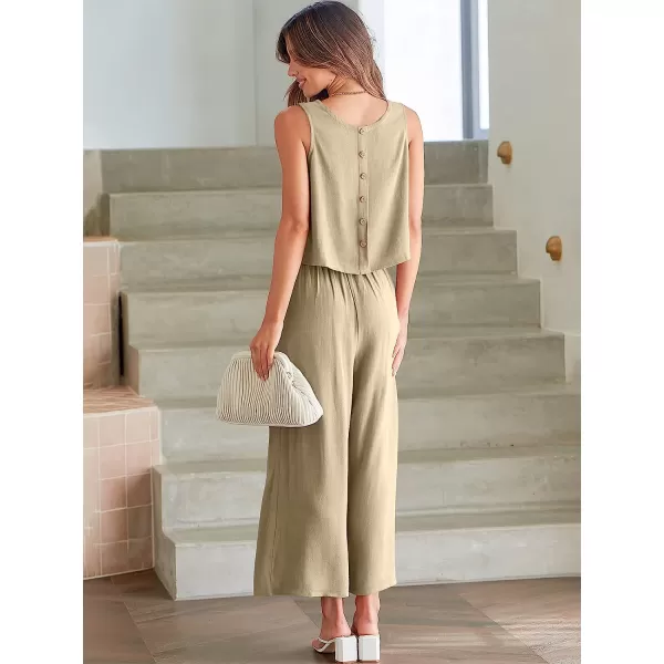 imageANRABESS Womens Summer 2 Piece Outfits Sleeveless Tank Crop Button Back Top Cropped Wide Leg Pants Set PocketsApricot
