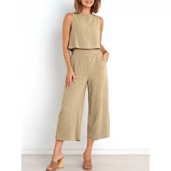 imageANRABESS Womens Summer 2 Piece Outfits Sleeveless Tank Crop Button Back Top Cropped Wide Leg Pants Set PocketsApricot