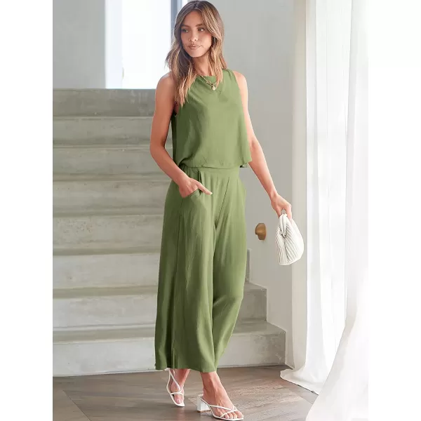 imageANRABESS Womens Summer 2 Piece Outfits Sleeveless Tank Crop Button Back Top Cropped Wide Leg Pants Set PocketsArmy Green