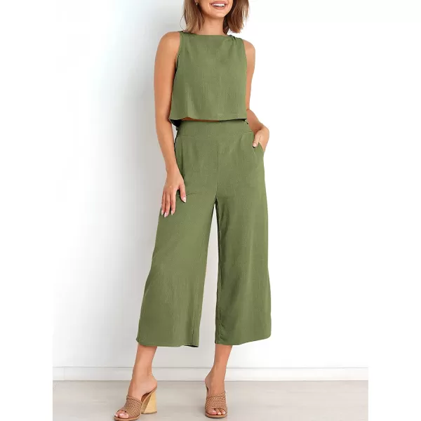 imageANRABESS Womens Summer 2 Piece Outfits Sleeveless Tank Crop Button Back Top Cropped Wide Leg Pants Set PocketsArmy Green
