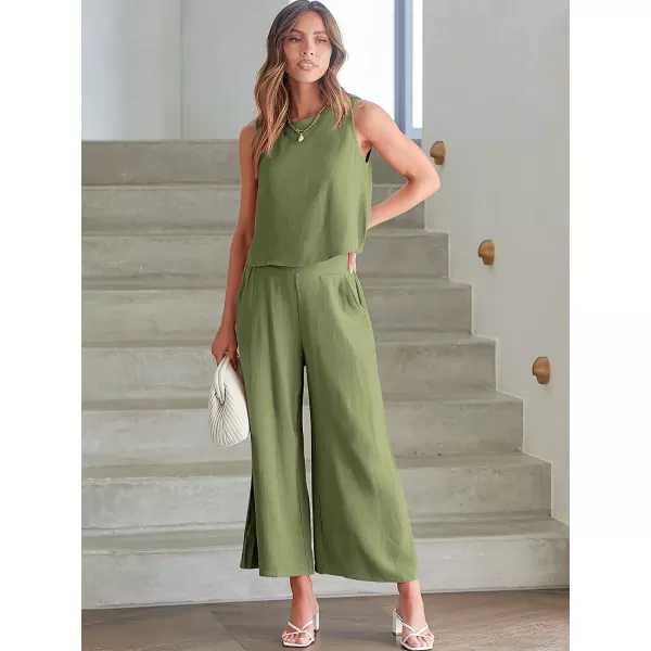 imageANRABESS Womens Summer 2 Piece Outfits Sleeveless Tank Crop Button Back Top Cropped Wide Leg Pants Set PocketsArmy Green
