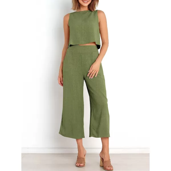 imageANRABESS Womens Summer 2 Piece Outfits Sleeveless Tank Crop Button Back Top Cropped Wide Leg Pants Set PocketsArmy Green