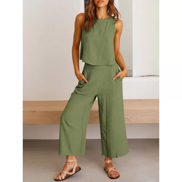 imageANRABESS Womens Summer 2 Piece Outfits Sleeveless Tank Crop Button Back Top Cropped Wide Leg Pants Set PocketsArmy Green