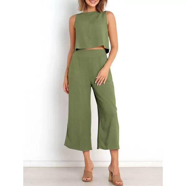 imageANRABESS Womens Summer 2 Piece Outfits Sleeveless Tank Crop Button Back Top Cropped Wide Leg Pants Set PocketsArmy Green