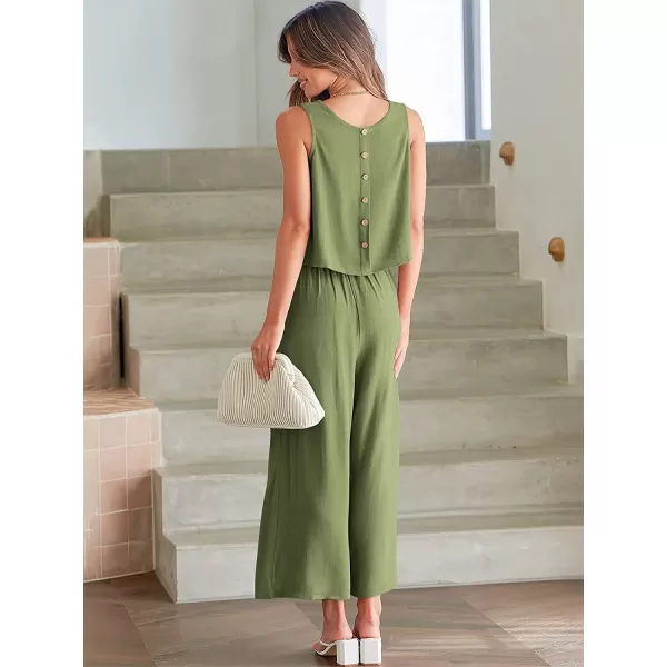 imageANRABESS Womens Summer 2 Piece Outfits Sleeveless Tank Crop Button Back Top Cropped Wide Leg Pants Set PocketsArmy Green