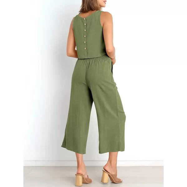 imageANRABESS Womens Summer 2 Piece Outfits Sleeveless Tank Crop Button Back Top Cropped Wide Leg Pants Set PocketsArmy Green