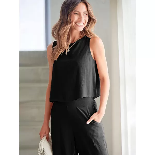 imageANRABESS Womens Summer 2 Piece Outfits Sleeveless Tank Crop Button Back Top Cropped Wide Leg Pants Set PocketsBlack