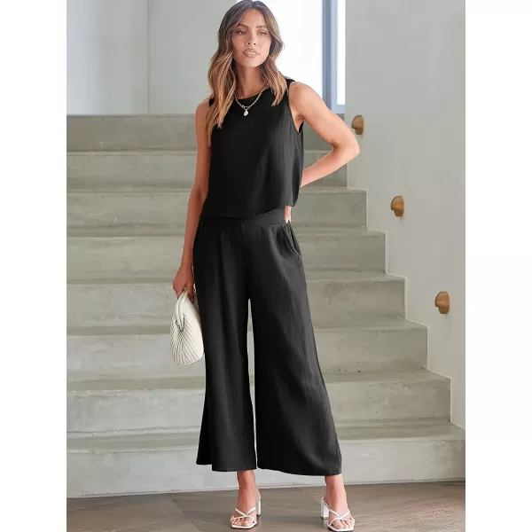 imageANRABESS Womens Summer 2 Piece Outfits Sleeveless Tank Crop Button Back Top Cropped Wide Leg Pants Set PocketsBlack