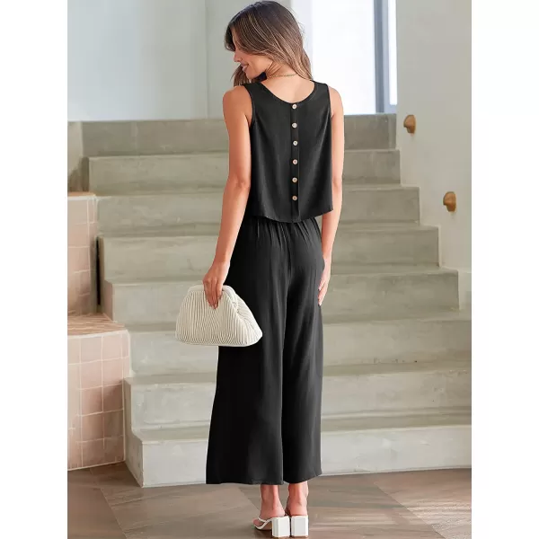 imageANRABESS Womens Summer 2 Piece Outfits Sleeveless Tank Crop Button Back Top Cropped Wide Leg Pants Set PocketsBlack