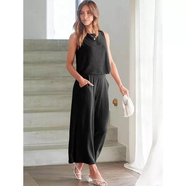 imageANRABESS Womens Summer 2 Piece Outfits Sleeveless Tank Crop Button Back Top Cropped Wide Leg Pants Set PocketsBlack