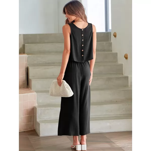 imageANRABESS Womens Summer 2 Piece Outfits Sleeveless Tank Crop Button Back Top Cropped Wide Leg Pants Set PocketsBlack