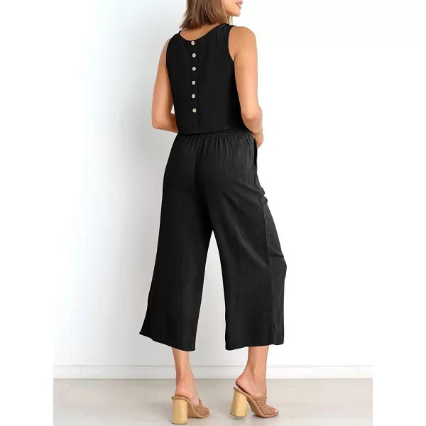 imageANRABESS Womens Summer 2 Piece Outfits Sleeveless Tank Crop Button Back Top Cropped Wide Leg Pants Set PocketsBlack
