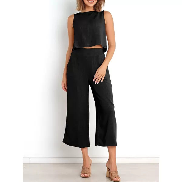 imageANRABESS Womens Summer 2 Piece Outfits Sleeveless Tank Crop Button Back Top Cropped Wide Leg Pants Set PocketsBlack
