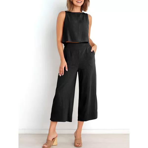imageANRABESS Womens Summer 2 Piece Outfits Sleeveless Tank Crop Button Back Top Cropped Wide Leg Pants Set PocketsBlack