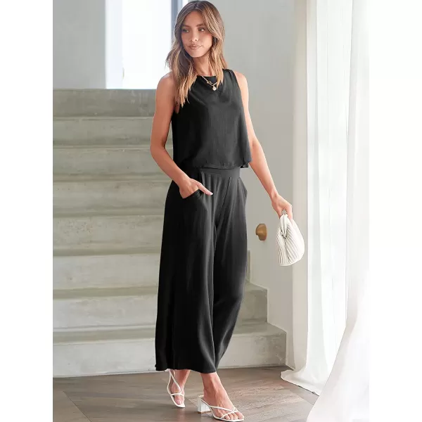 imageANRABESS Womens Summer 2 Piece Outfits Sleeveless Tank Crop Button Back Top Cropped Wide Leg Pants Set PocketsBlack