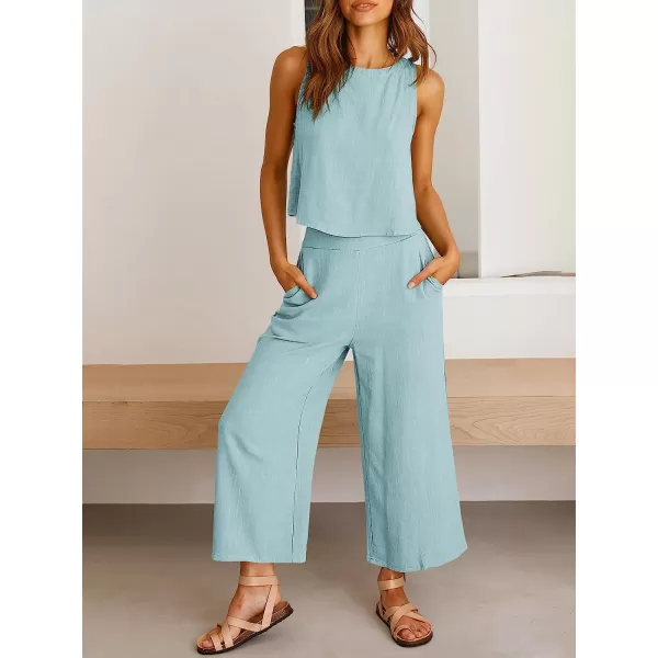 imageANRABESS Womens Summer 2 Piece Outfits Sleeveless Tank Crop Button Back Top Cropped Wide Leg Pants Set PocketsBlue