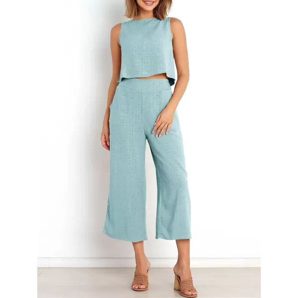 imageANRABESS Womens Summer 2 Piece Outfits Sleeveless Tank Crop Button Back Top Cropped Wide Leg Pants Set PocketsBlue
