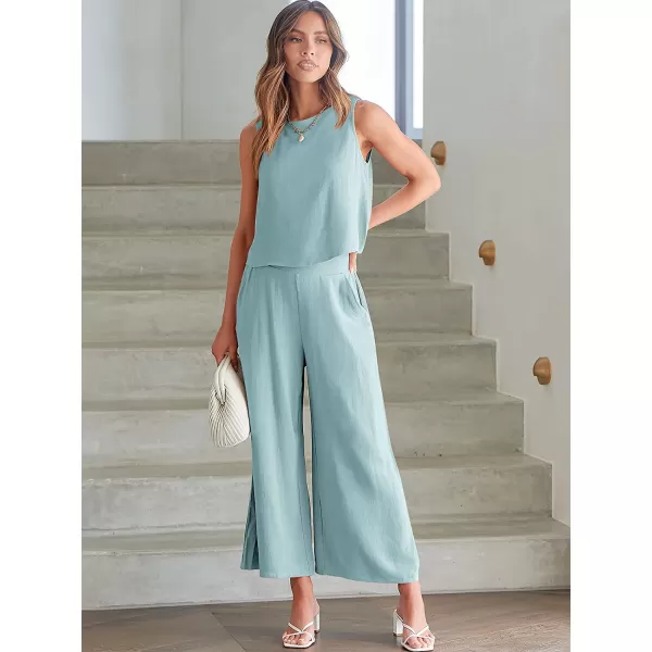 imageANRABESS Womens Summer 2 Piece Outfits Sleeveless Tank Crop Button Back Top Cropped Wide Leg Pants Set PocketsBlue