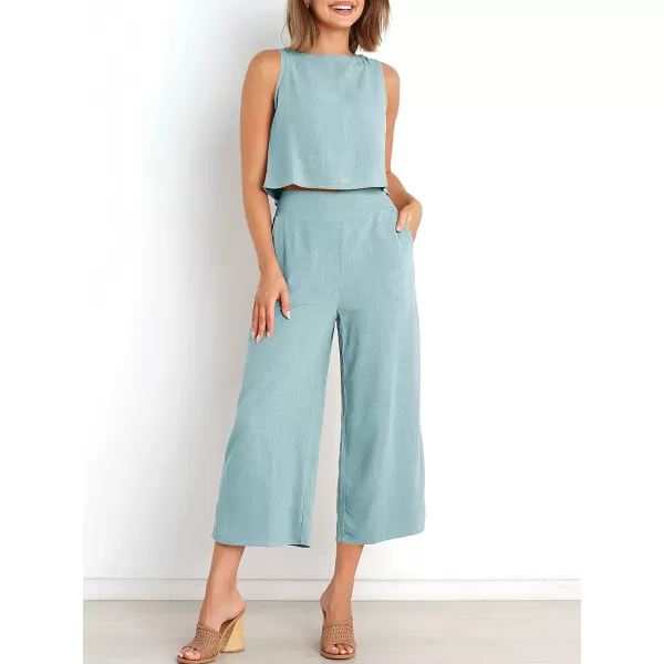 imageANRABESS Womens Summer 2 Piece Outfits Sleeveless Tank Crop Button Back Top Cropped Wide Leg Pants Set PocketsBlue