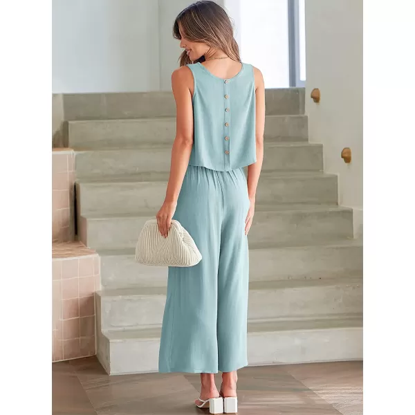 imageANRABESS Womens Summer 2 Piece Outfits Sleeveless Tank Crop Button Back Top Cropped Wide Leg Pants Set PocketsBlue