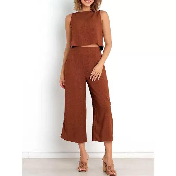 imageANRABESS Womens Summer 2 Piece Outfits Sleeveless Tank Crop Button Back Top Cropped Wide Leg Pants Set PocketsBrick Red