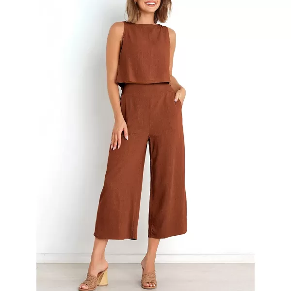 imageANRABESS Womens Summer 2 Piece Outfits Sleeveless Tank Crop Button Back Top Cropped Wide Leg Pants Set PocketsBrick Red