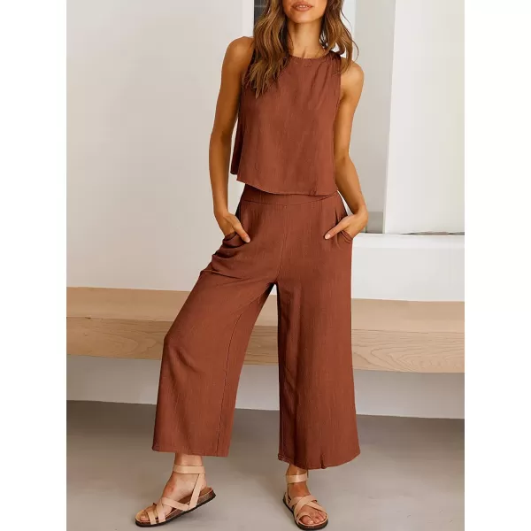 imageANRABESS Womens Summer 2 Piece Outfits Sleeveless Tank Crop Button Back Top Cropped Wide Leg Pants Set PocketsBrick Red