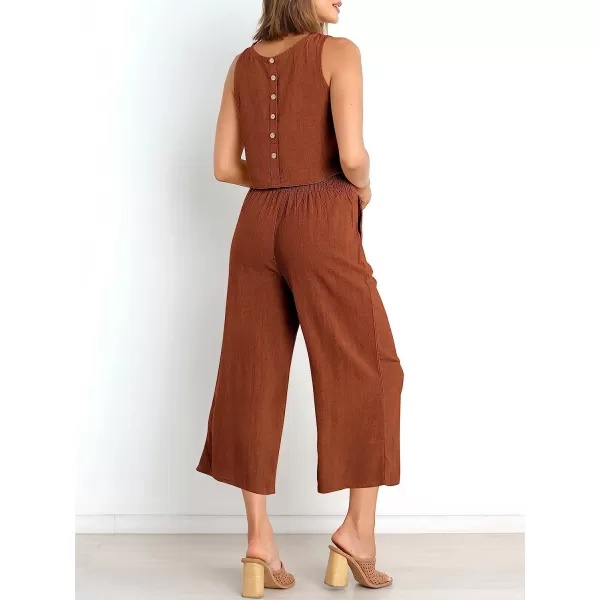 imageANRABESS Womens Summer 2 Piece Outfits Sleeveless Tank Crop Button Back Top Cropped Wide Leg Pants Set PocketsBrick Red